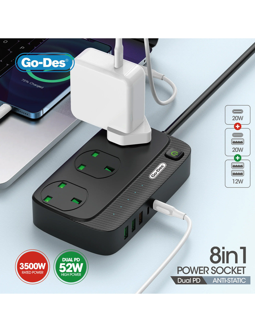GO-DES GD-B919 3M 8IN1 POWER SOCKET