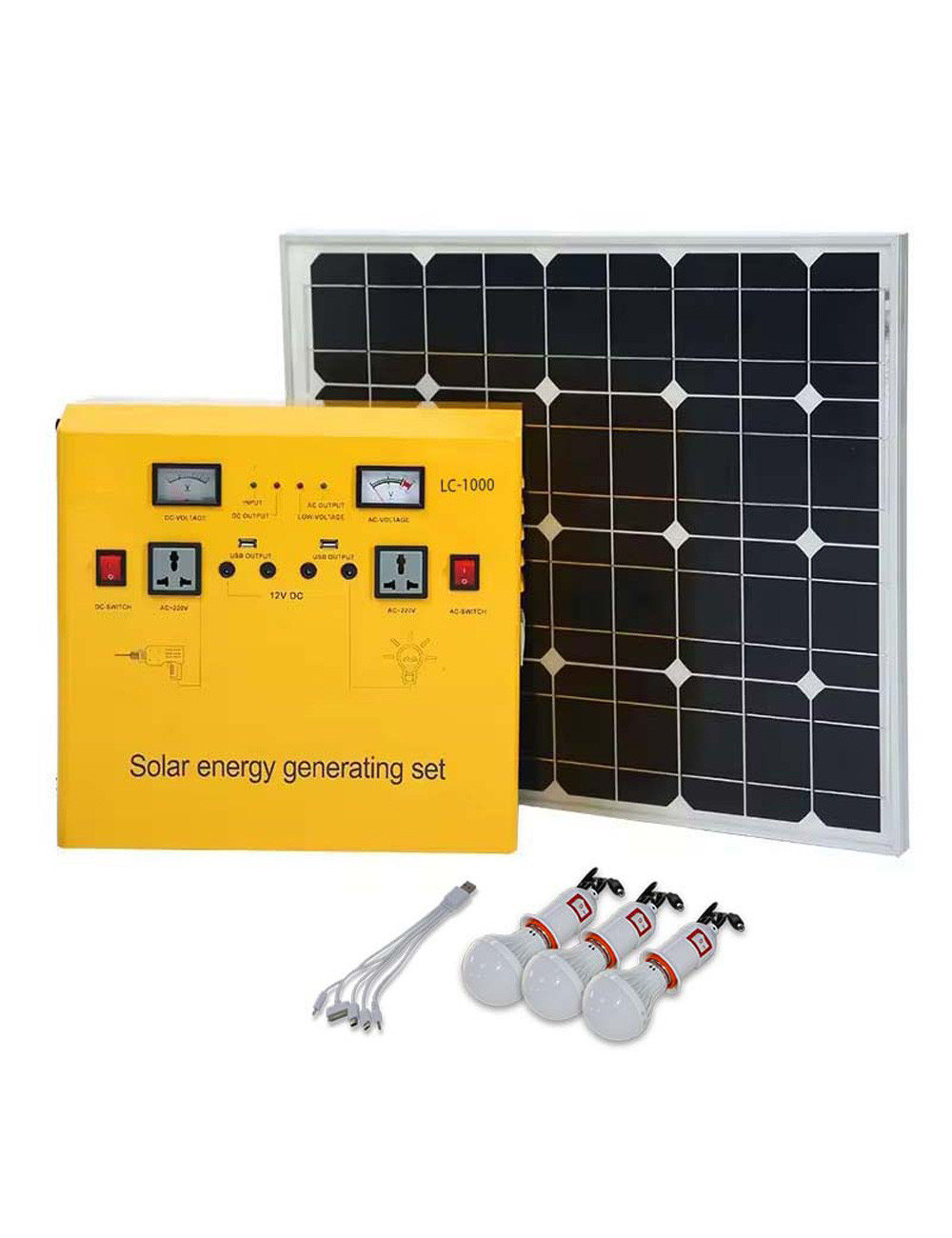 SOLAR SYSTEM 1000W WITH 100W SOLAR PANEL & 3 LED BULBS