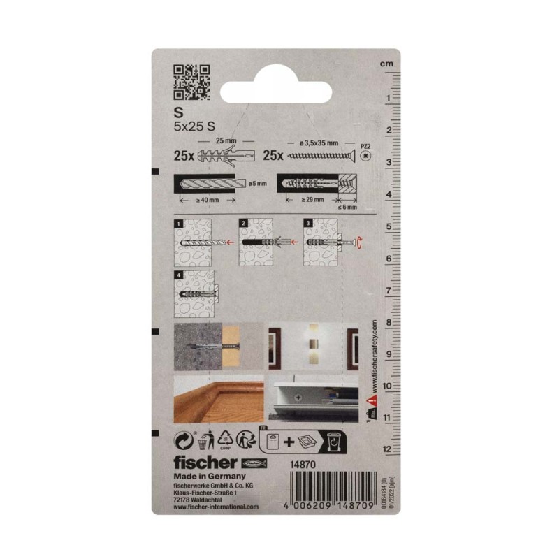 14870 FISHCHER BLISTER S-5 GKS PLUG + COUNTER SUNK SCREW 25PCS