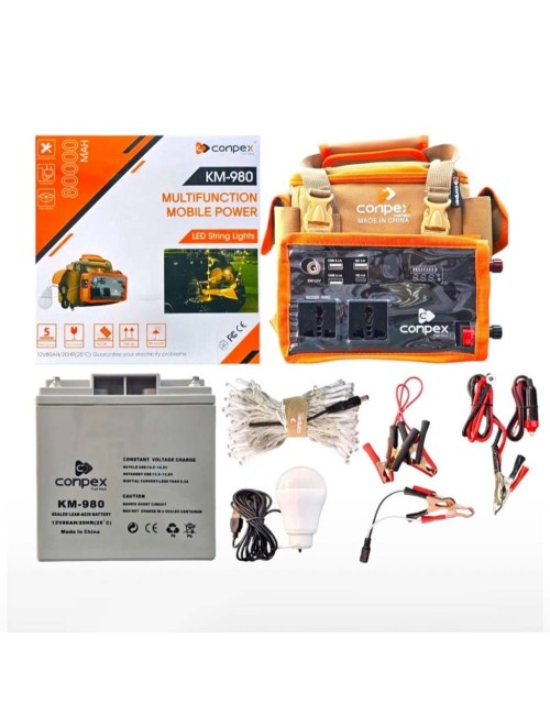 KM-980 بطارية 12 فولت مع محول و 2 لمبة و روب لايت