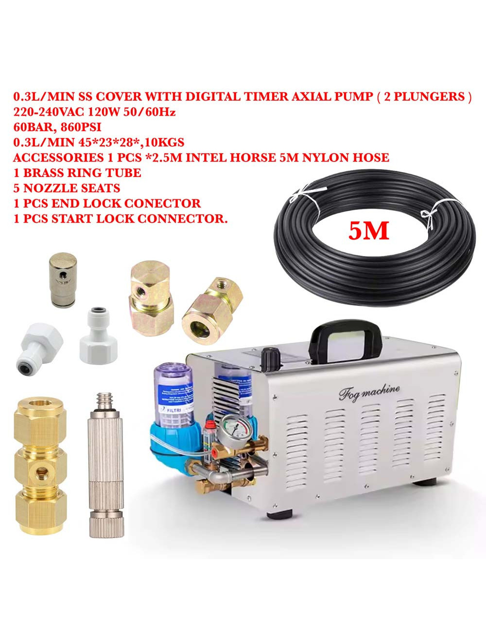 FOG MACHINE 120W WITH & 5 MTR HOSE 5 NOZZLES SS COVER