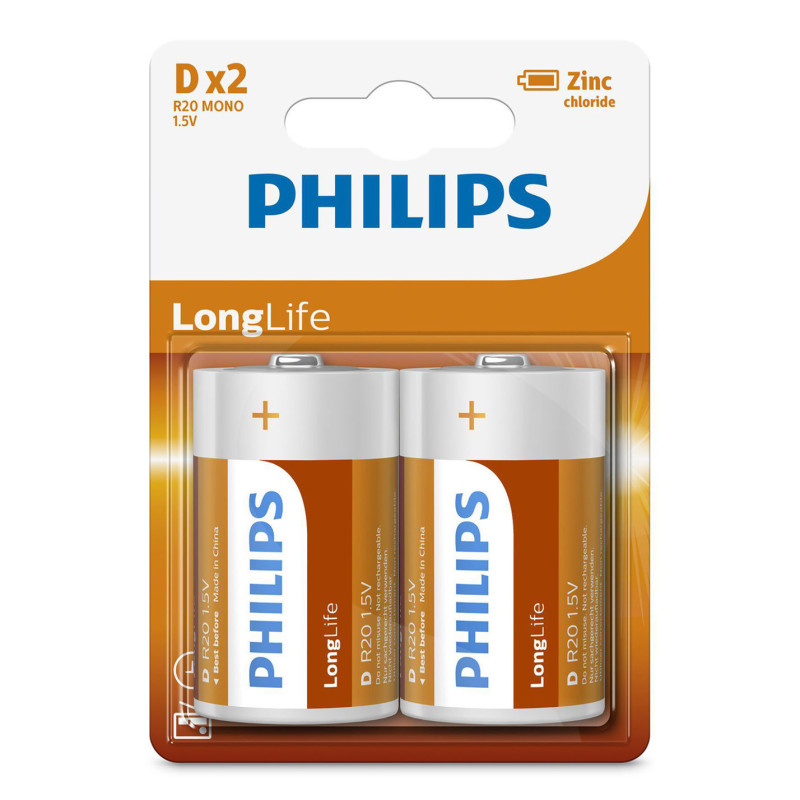 PHILIPS BATTERY LONGLIFE ZINC D 1.5V 2PCS R20L2F/97